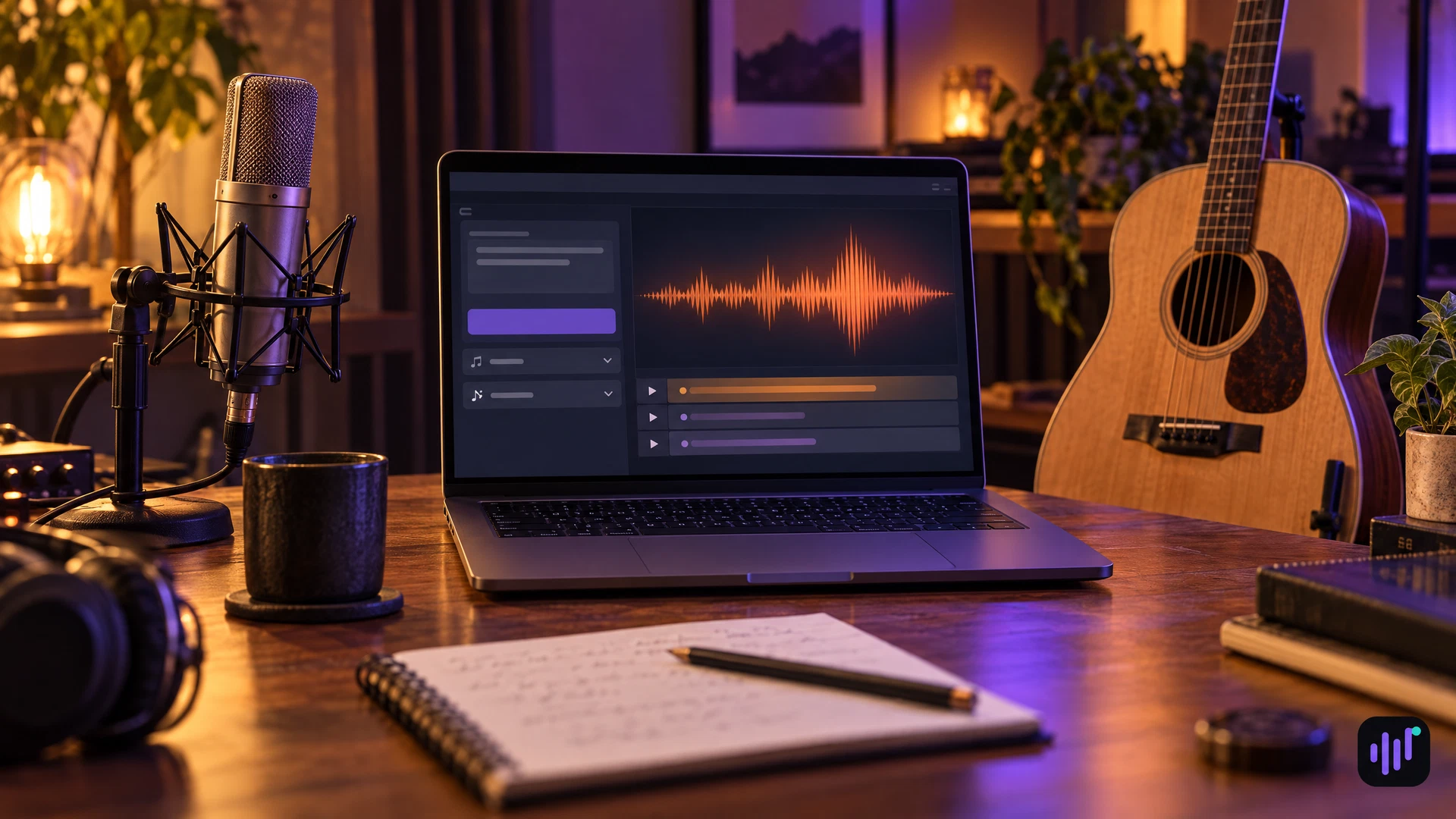 An empty songwriting studio with a microphone, acoustic guitar and a laptop showing a conceptual song-generation waveform.