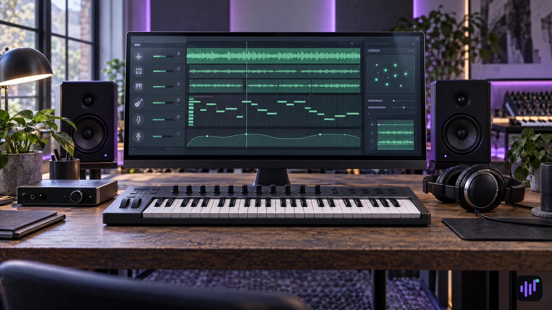 An empty music-production desk with a MIDI keyboard and a monitor showing conceptual layered stems and music-editing controls.