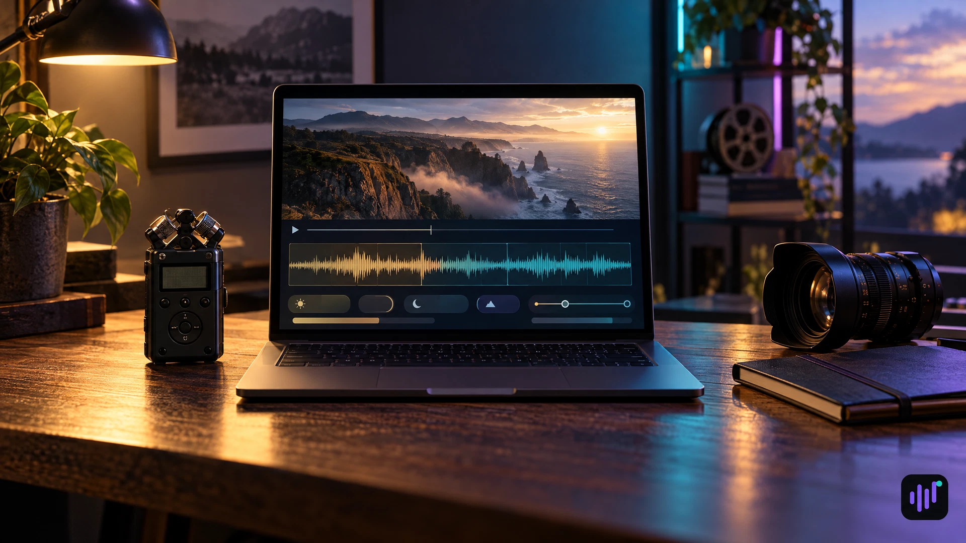 A filmmaker’s empty desk with a laptop displaying a scenic video and conceptual instrumental background-music timeline.