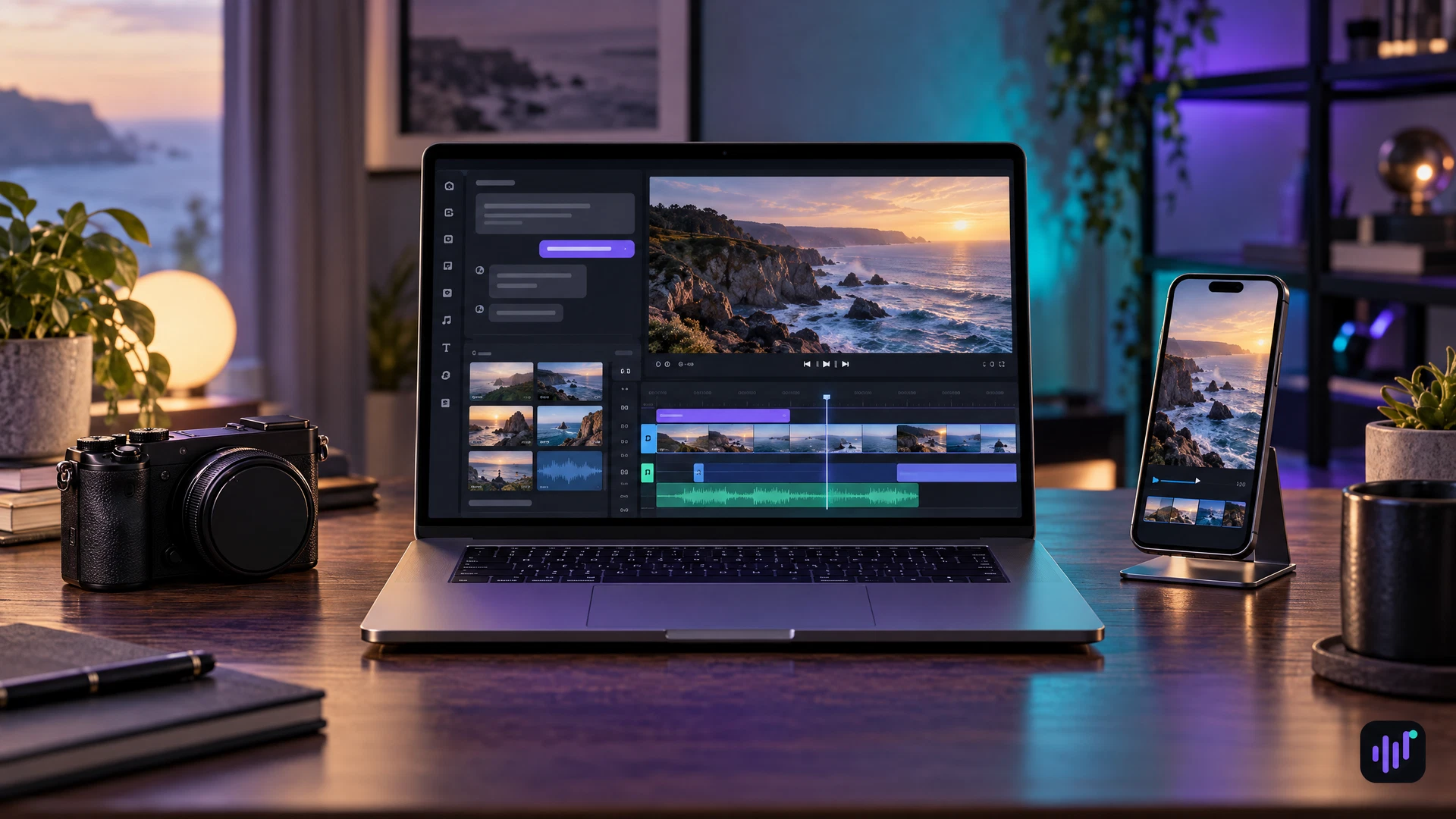 An empty video creator’s desk with a camera, laptop showing a conceptual AI video-editing timeline and phone showing a vertical scenic cut.