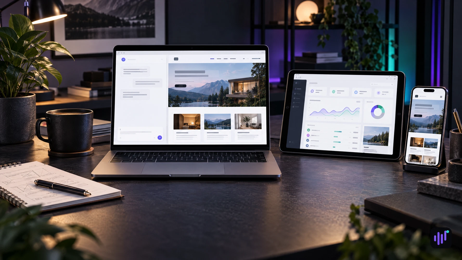 A creator workspace with a laptop, tablet and phone displaying conceptual website and web-app interfaces.