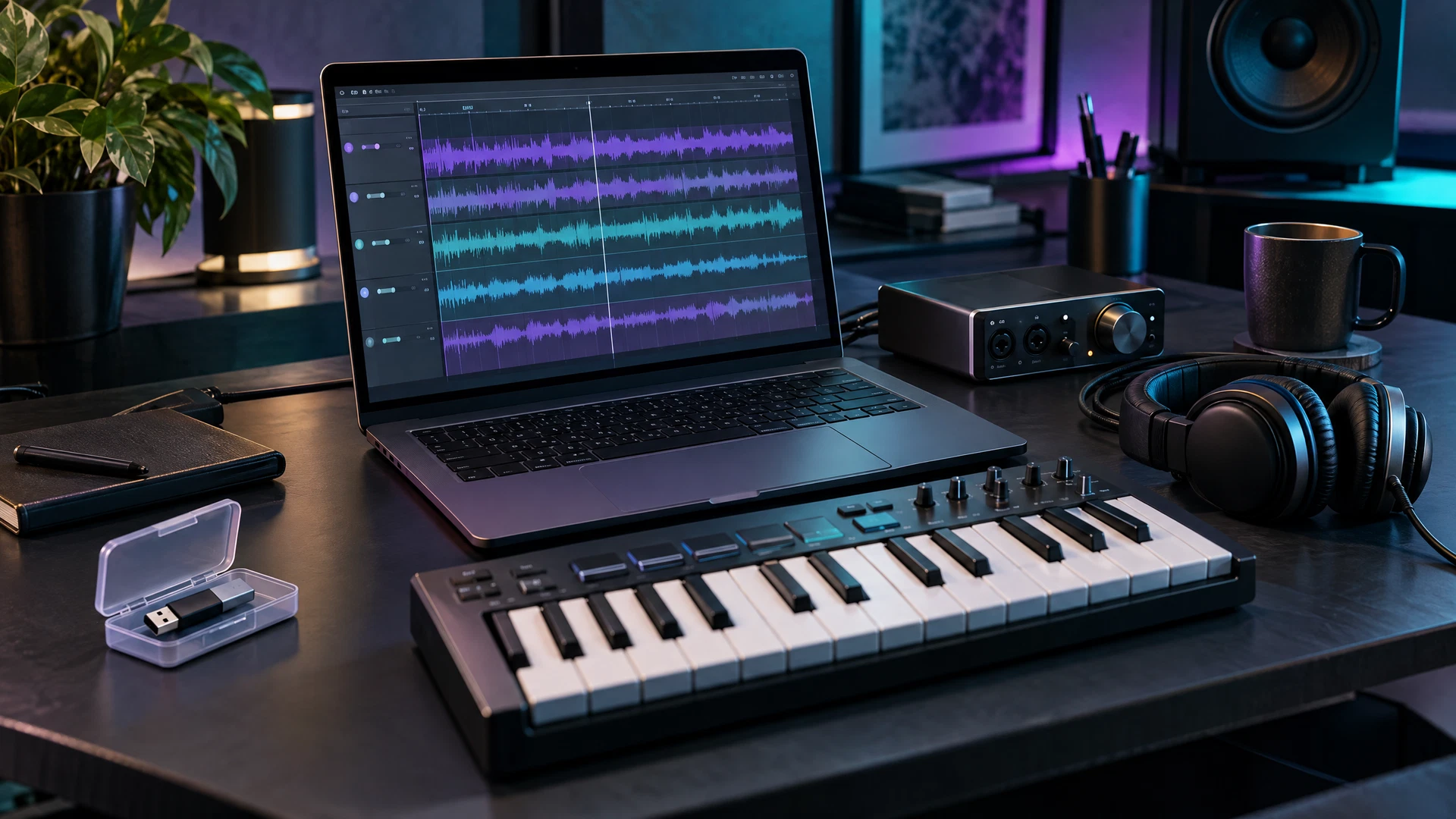An unbranded laptop with audio waveforms, a compact MIDI keyboard, audio interface and headphones on a dark music-production desk.