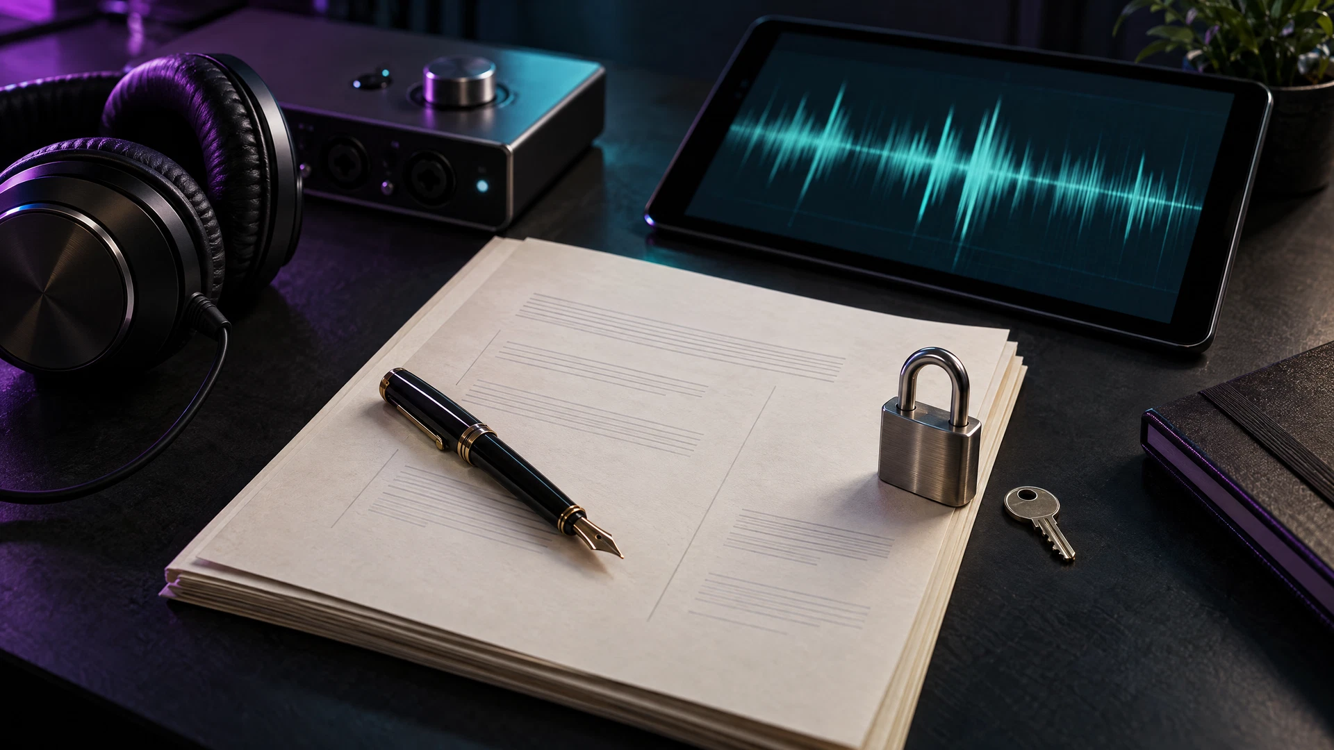 Audio equipment beside licensing paperwork, a fountain pen and a metal padlock with its key, symbolizing careful music-permission checks.