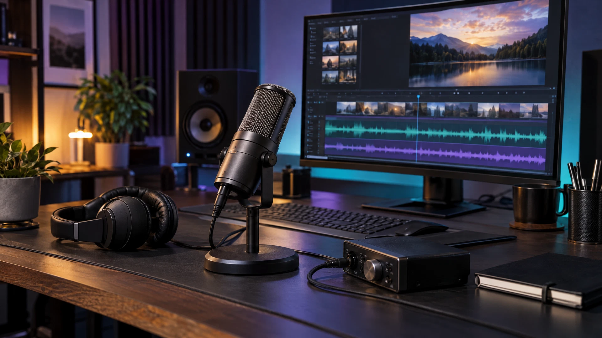 An empty creator studio with a broadcast microphone, audio interface, headphones and a screen displaying generic video and audio timelines.
